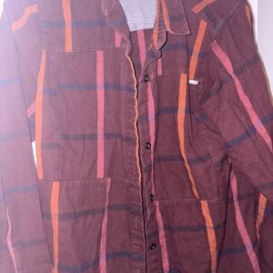 Men's Casual Plaid Shirt Jacket - Burgundy and Orange